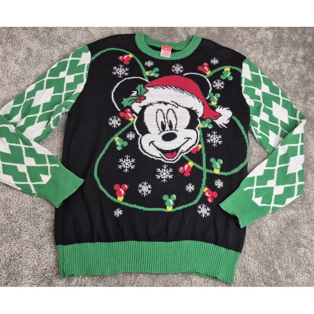 Mickey Mouse Christmas Sweater‎ XL Disney Green Ugly Santa Claus Hat Lights Xmas